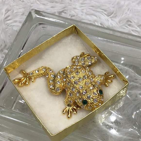 Vintage large rhinestone encrusted gold frog pin brooch - Picture 11 of 11